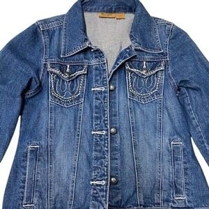Wrangler XS Jean Jacket Denim Blue Western Embroidered Pockets Button Up‎